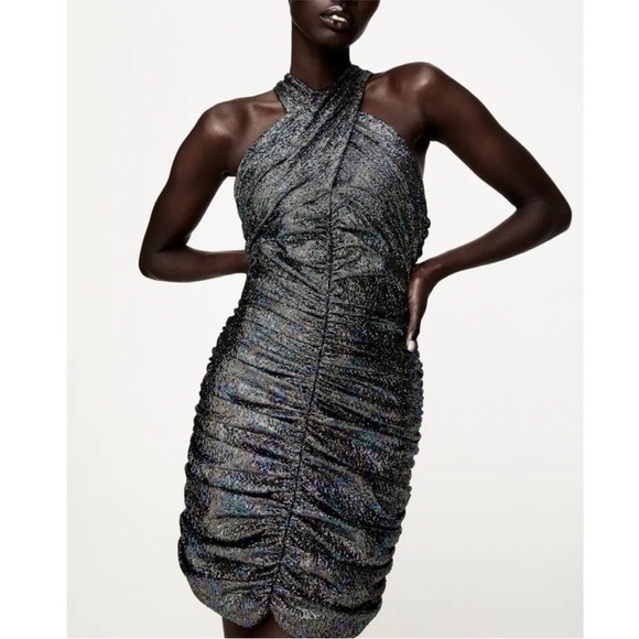 Zara Dresses & Skirts - Zara Black Rainbow Metallic Cross Neck Halter Ruched Mini Dress XS